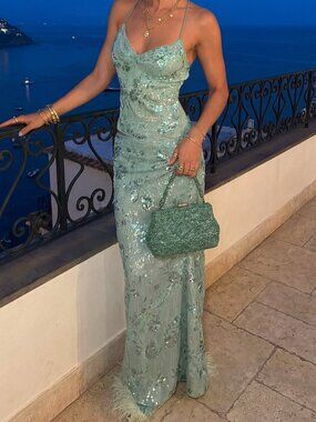 Green Sexy Women's Elegant Romantic Backless Camisole Top And Sequin Skirt Set